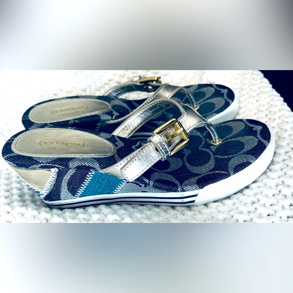 Coach Metallic Leather & Signature Canvas Wedge Sandals in Black